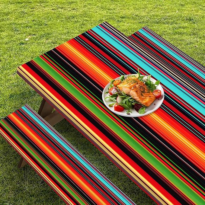 CAPSCEOLL Fitted Picnic Table Cover with Bench Covers with Elastic 6Ft Waterproof Camping Picnic Table Cover Cloths for Outdoors Camping Tablecloth with Drawstring Bag, 72X30in, Colorful Stripes