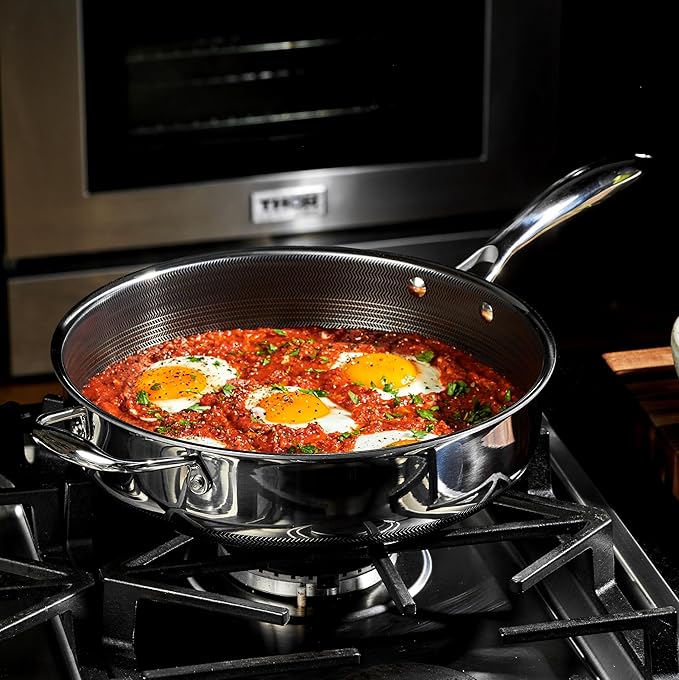 HexClad Hybrid Nonstick 3.3-Quart Deep Sauté Pan with Tempered Glass Lid, Stay-Cool Handle, Dishwasher-Friendly, Oven-Safe Up to 900°F, Induction Ready, Compatible with All Cooktops