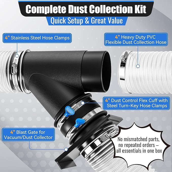 4 in x 10 ft Dust Collection Hose with 4 Inch Y Fitting, 4 Inch Blast Gate with Flex Cuff with 2 Steel Thumbscrew Clamps and 2 Steel Hose Clamps for Dust Collection Fittings Woodshop Vacuum System