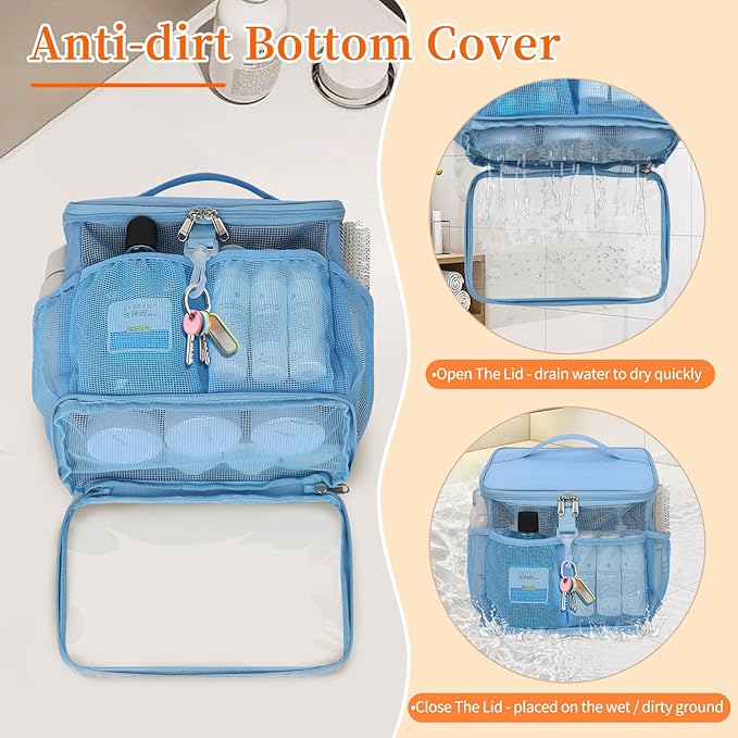 CUBETASTIC Shower Caddy Portable Mesh Shower Tote for Bathroom, Gym, Travel, Camping - Quick Dry Hanging Organizer Toiletry Bag with Handle for College Dorm Room, Men & Women (A# Blue, 9.8")
