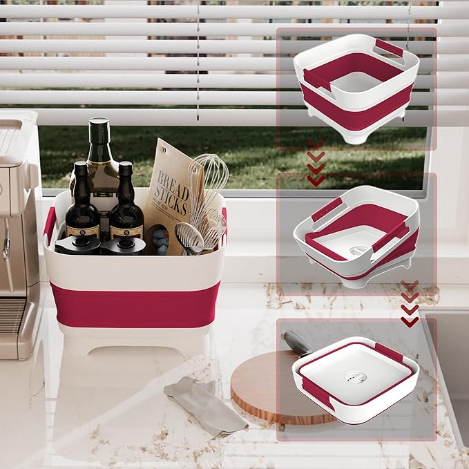 2.4 Gal Collapsbile Wash Basin with Drian Plug,9L Dish Pan for Soaking Baby Bottles,Portable Sink, Multiuse Foldable Bucket,Ice Beverage Tubs for Camping, Vegetable Washing, RV (Viva Magenta)