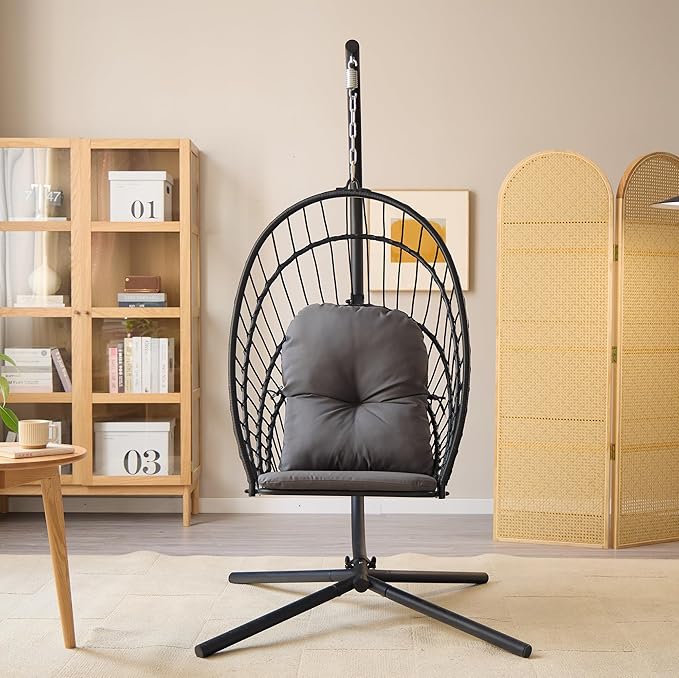 Indoor/Outdoor Egg Hanging Chair with Stand - Patio Wicker Swing Hammock Chair. 350lbs Capacity, Cushioned. Ideal for Bedroom, Balcony, Porch, Garden. Versatile Swing Chair for All Spaces