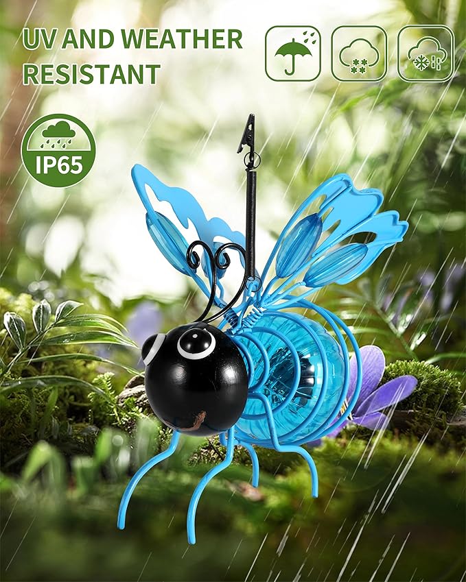 iStatue Solar Hanging Metal Butterfly Light - Weather Resistant Decorative Lights with Bouncy Springs for Garden and Patio - Spring Summer Decorations (Blue)