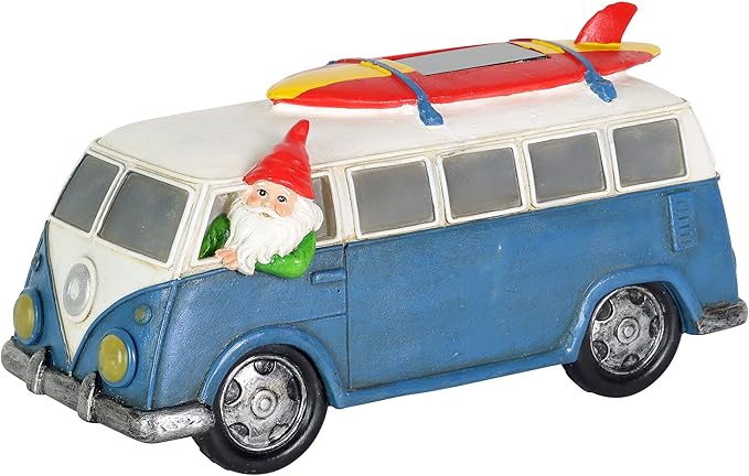 Exhart Solar Retro Van Surfboard Gnome Statue - LED Lights Garden Sculpture, Outdoor Decoration, 5.5 x 12 x 5.5 Inch
