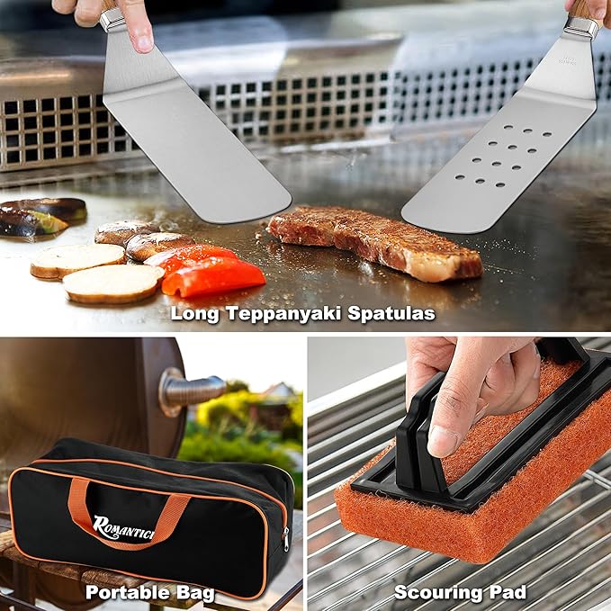 ROMANTICIST 19PCS Griddle Accessories Set - Flat Top Teppanyaki Spatula Set with Scraper, Basting Cover for Camp Chef- Home Cooking Griddle and Outdoor BBQ Gifts for Christmas
