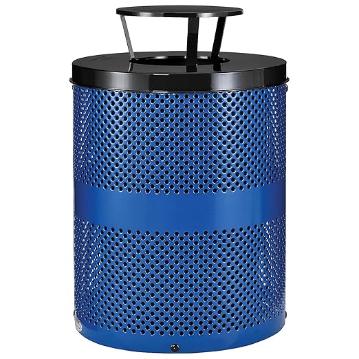 Global Industrial 32 Gallon Outdoor Perforated Steel Round Trash Can with Rain Bonnet Lid, Plastic Liner and Anchor Kit Included, 23-1/2" Diameter x 40-1/2"H, Blue