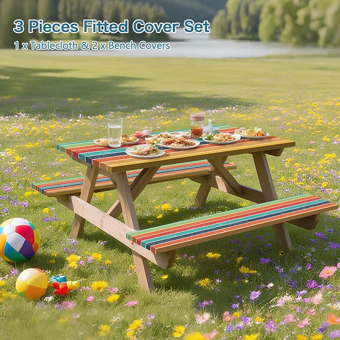 Colorful Picnic Table Cover with Bench Covers, 3 Pcs Waterproof Elastic Picnic Table Cover Outdoor Camping Essentials, Windproof Fitted Tablecloth for Camping, Indoor, Outdoor (Striped, 72X30 Inch)