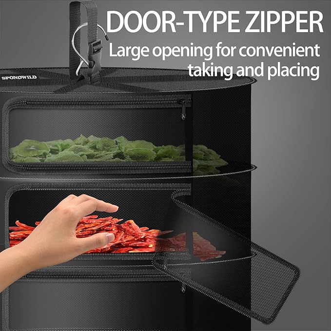 Herb Drying Rack Hanging Mesh Net，Medium 4+1 Layer Plant Drying Rack with Door-Type Zipper & Closed Storage Compartment for Folding Basket Dryer Fit in Grow Tents、Garden Outdoor