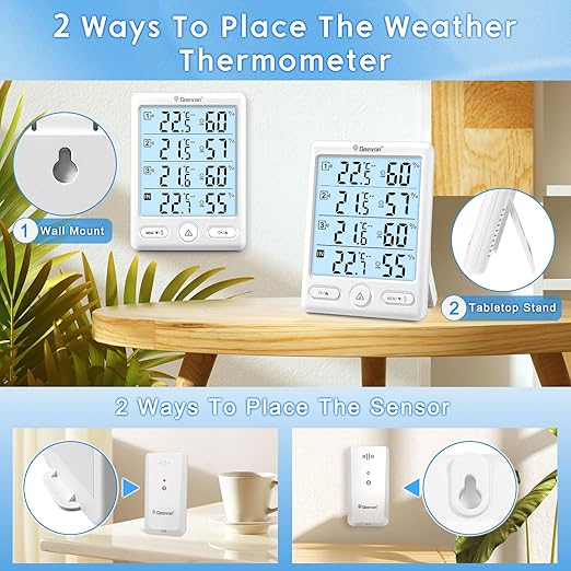 Geevon Indoor Outdoor Thermometer Wireless, 5-Inch Display Digital Hygrometer Thermometer Temperature Humidity Monitor with 3 Remote Sensors and Backlight, Battery-Powered(White)