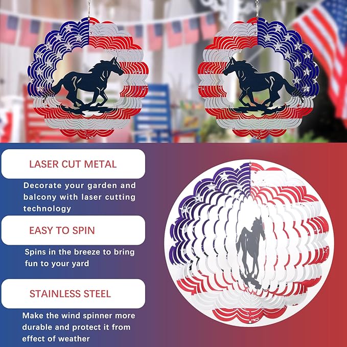 3D Patriotic Horse Wind Spinner Decor - 12 Inch Metal Garden Art, Rust-Proof Outdoor Hanging Decorations, Patriotic American Flag Design, for Horse Lovers(Horse)