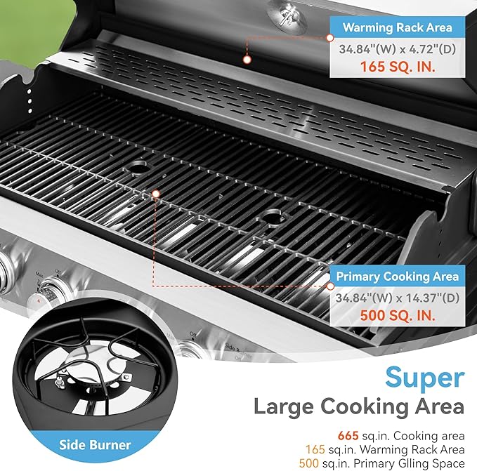 6 Burner Propane Gas BBQ Grill with Side Burner & Porcelain-Enameled Cast Iron Grate, 65,800 BTUs Barbecue Grill 665 Sq. In. Grilling Area, Outdoor Propane Grill for Camping Patio Backyard Cooking