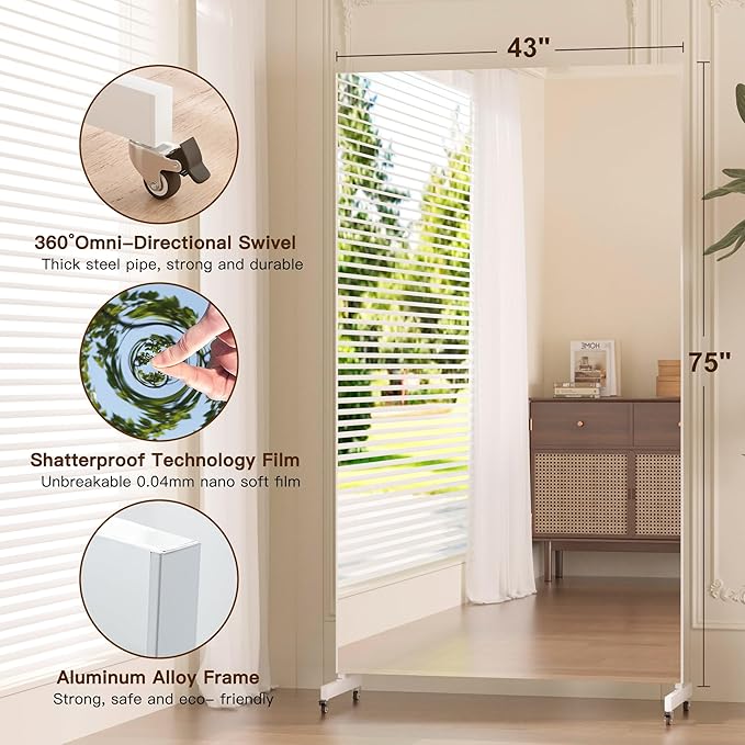 brisafe Home Gym Mirror 360° Swivel on Wheels, 75" X 43" Extra Large Nano Film Super Lightweight Unbreakable Full Length Mirror for Yoga Room, Dance Studio（ White）