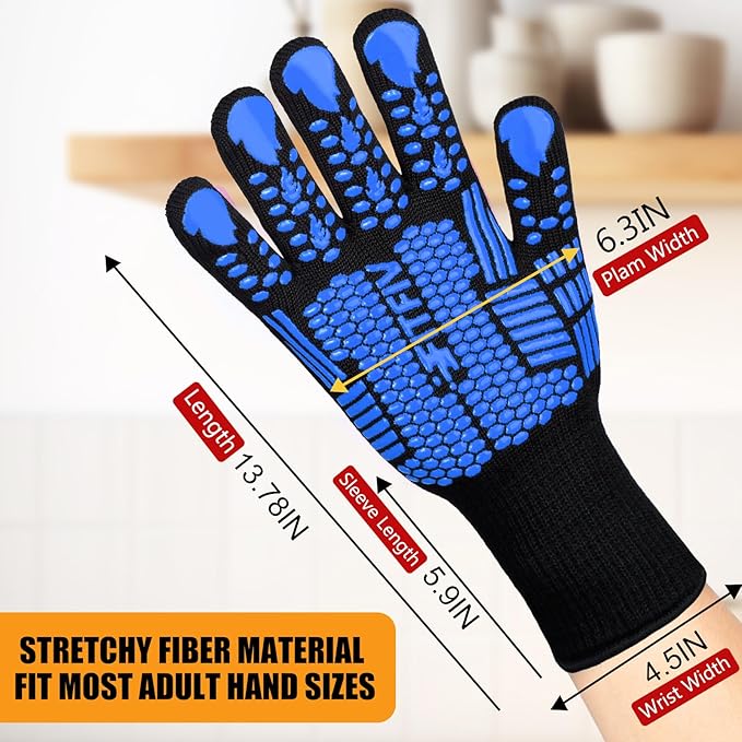 BBQ Gloves, Oven Gloves, Extreme Heat Resistant Barbecue Gloves, Silicone Non-Slip Oven Mitts, Kitchen Gloves for Cooking, Grilling, and Baking (Blue)