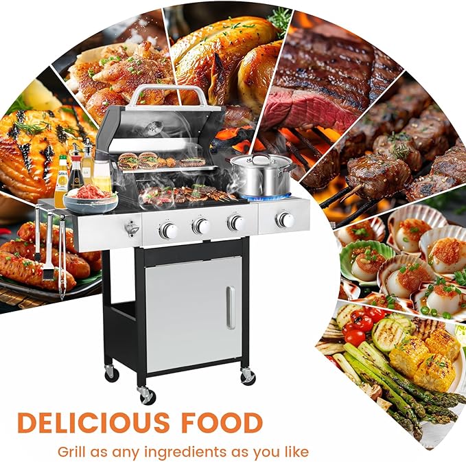 3-Burner BBQ Propane Gas Grill with Side Burner, 37230BTU Stainless Steel Barbecue Grill with Enameled Cast Iron Cooking Grids, For Camping Outdoor Cooking (Style4: 3+1 Burner)