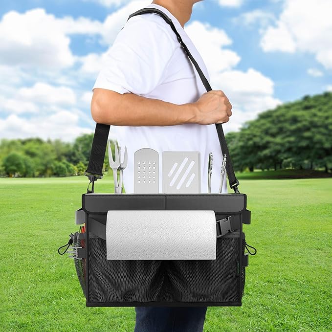 FANGSUN Grill Caddy, BBQ Caddy with Lid & Paper Towel Holder, Picnic Griddle Caddy for Outdoor Camping, Barbecue Accessories Organizer for Utensil Grilling Tool, Must Haves for Camper, Tailgate, RV