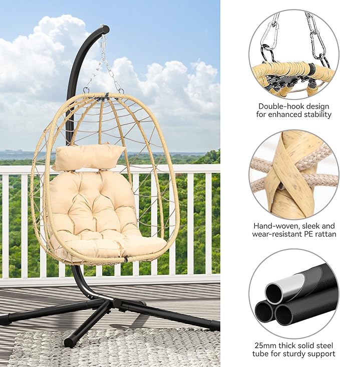 YITAHOME Hanging Egg Chair with Stand Swing Chair Wicker Indoor Outdoor Hammock Egg with Cushions 330lbs for Patio, Bedroom, Garden and Balcony, Single, Beige