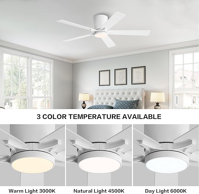 WINGBO 48" DC Flush Mount Ceiling Fan with Lights, 6-Speed Reversible DC Motor, 3CCT, Low Profile Hugger Ceiling Fan for Living Room Bedroom Kitchen, White Finish and White/Oak Blades