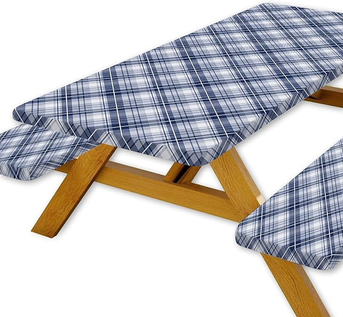 DYNH 3 Pcs Picnic Table Cover with Bench Covers, 6ft Waterproof Reusable Elastic Fitted Rectangle Picnic Table Cloths,30x72IN Blue Plaid Picnic Tablecloth for Camping Patio Travel Outdoor