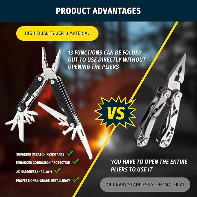 16-in-1 Multitool Pliers, Portable Camping Multi Tool with Safety Lock, Outdoor Survival Gear for Hiking, Hunting, Backpacking