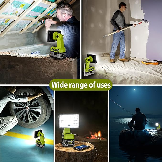 28W 2000LM Cordless LED Work Light for Ryobi One 18V Battery Portable Flood Lights for Outdoor Indoor Workshop Job Site, Floodlight & Spotlight Modes/Pivoting Head/USB Port(No Battery)
