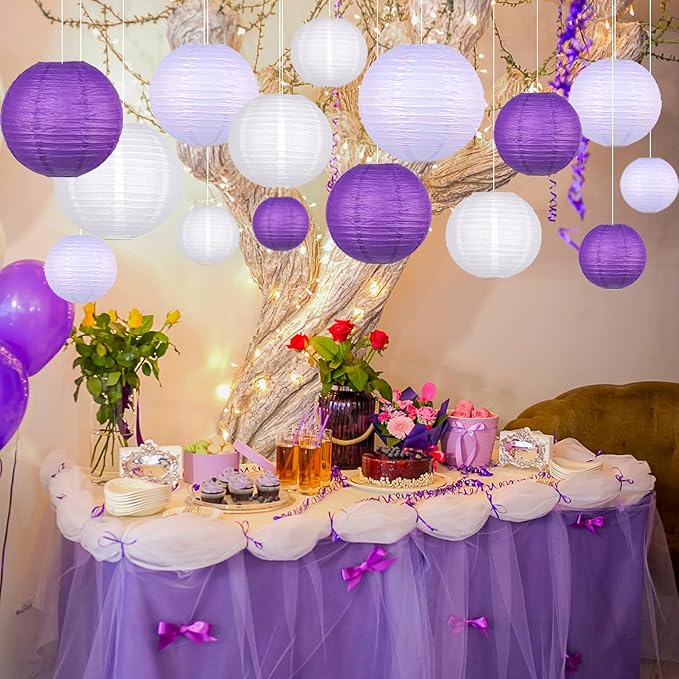 15pcs Paper Lanterns Lavender Purple White Round Hanging Chinese Paper Lanterns 4" 6" 8" 10" 12" for Bachelorette Engagement Wedding Baby Bridal Purple Birthday Decorations