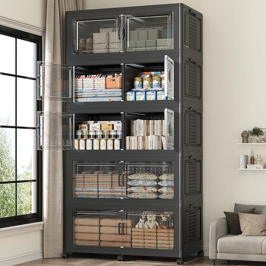 200GAL Extra Large Storage Bins with Lid, 800Qt Stackable Closet Organizers and Drawers, Collapsible Storage Bins with Wheels, Folding Storages Cabinet for Home Bedroom Office, 5Pack Black