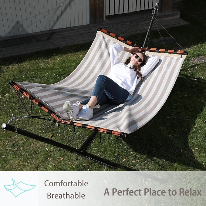 TegerDeger 12FT 2 Person Hammock Large Hammock Quick Dry 450LB Capacity with V Shaped Hardwood Spreader Bar & Nylon Rope for Outside, Patio, Garden, Backyard, Beach, Poolside - Beige Stripes