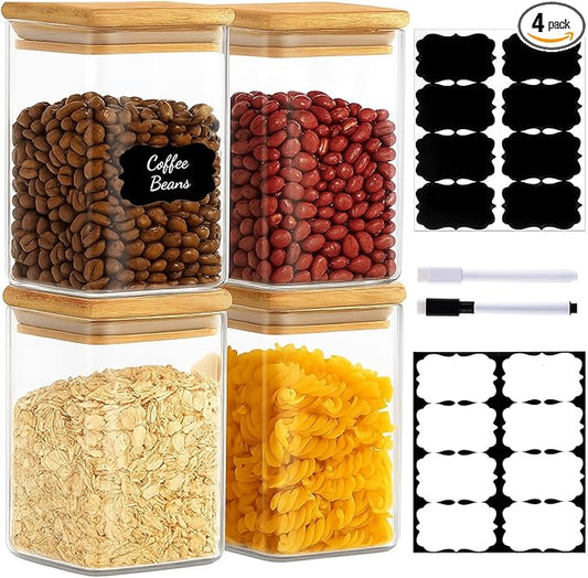 37oz Square Glass Storage Containers with Bamboo Lids – 4 Pack Clear Food Airtight Glass Jars for Pantry Organizers and Storage, Kitchen Dry Food, Coffee, Sugar, Flour, Snacks, Spices