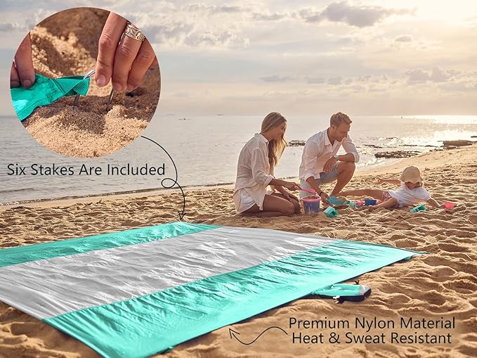 WEKAPO Beach Blanket Sandproof Waterproof, Extra Large Beach Mat, Oversized & Compact Sand Free Mat Quick Drying, Lightweight & Durable with 6 Stakes & 4 Corner Pockets