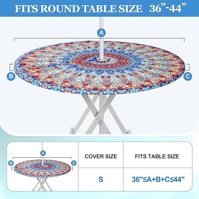 2 Pcs Round Outdoor Tablecloth with Umbrella Hole - Anti-Wrinkle Polyester Tablecloth with Elastic Zipper Table Cover for Summer Patio Camping Party(36''-44'',Mandala)