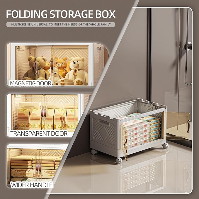 68 QT / 17 Gal White Storage Bins with 1 Lid - Collapsible Stackable Cabinet Organizer w/Wheels & Magnetic Doors, Plastic Storage Box for Office Closet Organization