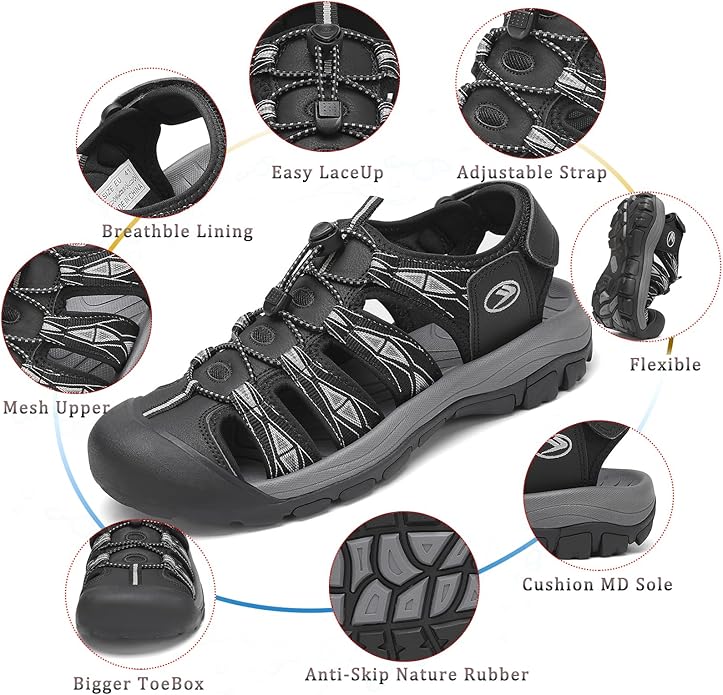 FLARUT Men's Athletic Sandals - Closed Toe Sport Hiking & Outdoor Walking Water Sandals with Anti-Slip Cushioning and Breathable Mesh