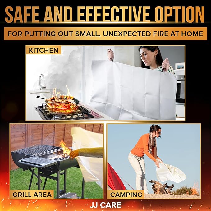 JJ CARE Fire Blanket – 8 Packs with Hooks and Gloves – Emergency Fire Blanket for Home & Kitchen, High Heat Resistant Fire Suppression Blankets for Home Safety, Kitchen, and Camping