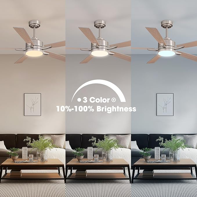 Ceiling Fan with Light, 52" Modern Low Profile Ceiling Fan with Light, DC Reversible Motor, Smart APP & Remote Control, Whisper Quiet, Dimmable LED for Bedroom/Living Room