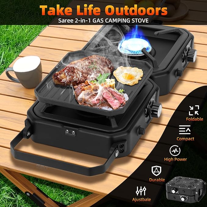 2 Burner Propane Stove Compatible with Propane Cylinders,2 Burner Camp Stove with Griddle and 16000 BTU Adjustable Burners,Portable Camping Stove Propane with Carry Bag and Handle for Camping (Black)