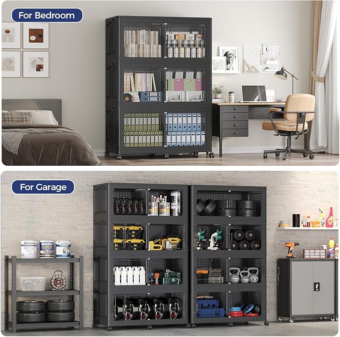 160GAL Extra Large Storage Bins with Lid, 640Qt Stackable Closet Organizers and Drawers, Collapsible Storage Bins with Wheels, Folding Storages Cabinet for Home Bedroom Office, 4Pack Black