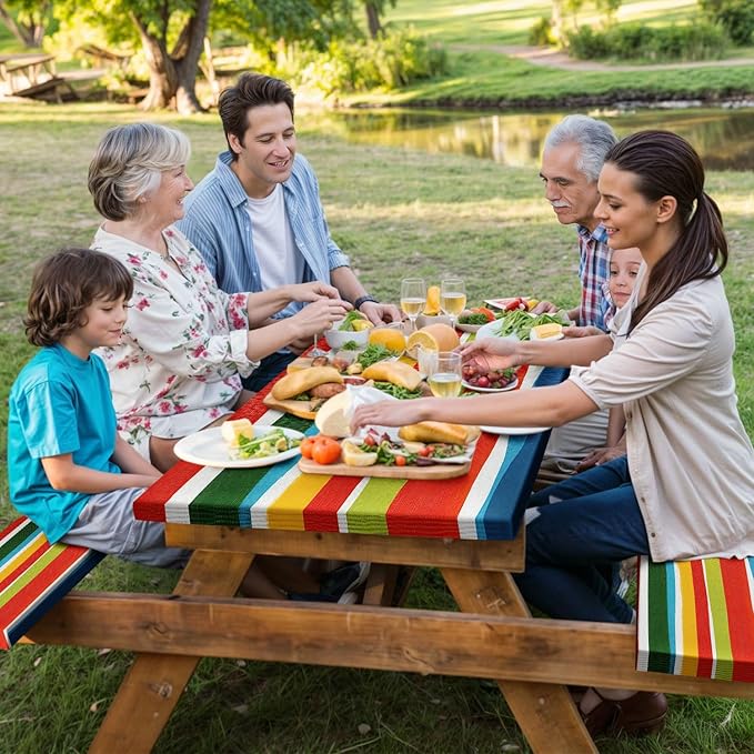 JAWO Picnic Table Covers with Bench Covers Modern Stripe Camping Tablecloth 6FT for 6 Person Fitted Picnic Table Cover with Elastic Windproof Waterproof Fabric, Camping Accessories Patio & Outdoor