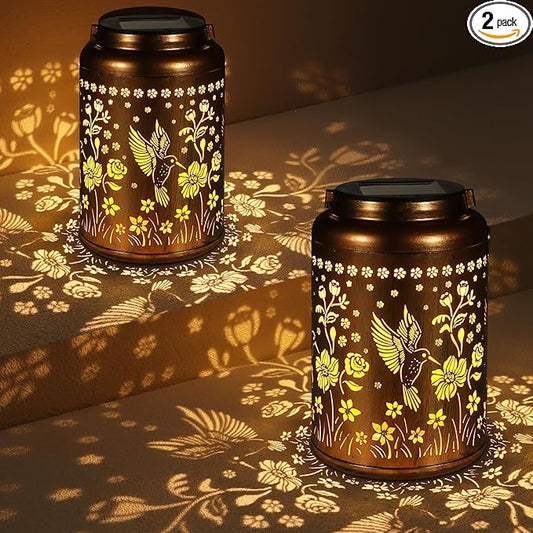 2 Pack Solar Lanterns Outdoor Waterproof, Hummingbird Garden Decor Gifts for Women Mom Grandma Hanging Solar Lights Metal Solar Decoration Outside for Yard, Patio, Lawn, Pathway, Landscape