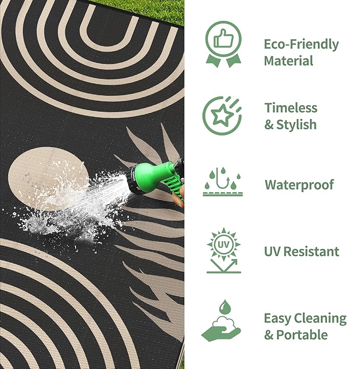 GENIMO Outdoor Rug 8' x 10' Waterproof for Patio Clearance, Reversible Lightweight Plastic Straw Camping Carpet, Large Area Rugs Mats for Rv, Backyard, Deck, Porch, Picnic, Balcony, Mix-Black & Beige