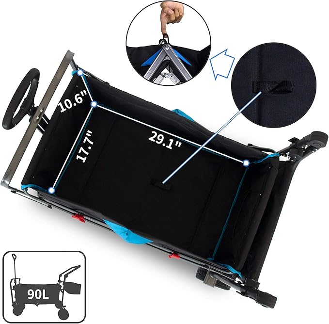 Folding Utility Wagon | Heavy-Duty Collapsible Cart with Brakes & Adjustable Handle | for Gardening, Beach Trips, Camping, Shopping & Outdoor Transport (Black Blue)