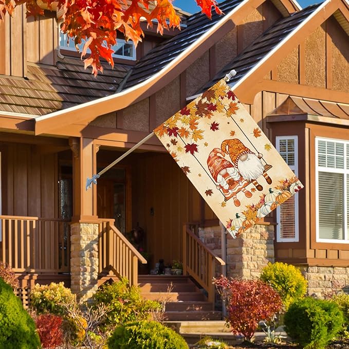 Fall Gnomes Swing Maple Leaves Pumpkins House Flag Large 28X40 Inch Autumn Big Vertical Double Sided Outside Yard Outdoor Outside Holiday Decoration