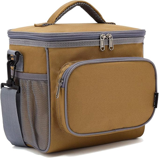 FlowFly Insulated Reusable Lunch Bag Adult Large Lunch Box for Women and Men with Adjustable Shoulder Strap,Front Zipper Pocket and Dual Large Mesh Side Pockets,Brown