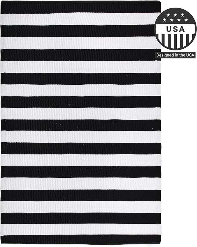 FH Home Outdoor Rug - Waterproof, Fade Resistant, Reversible - Premium Recycled Plastic - Striped - Patio, Deck, Porch, Balcony, Laundry Room - Brittany Stripe - Black & White Crease Free - 4 x 6 ft
