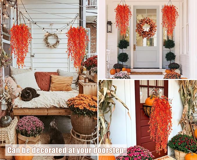 Artificial Hanging Plants Fall Faux Eucalyptus Leaf Fall Fake Hanging Plants Fall Hanging Vines Artificial Fall Flowers Faux Autumn Plants for Thanksgiving Indoor Outdoor House Wedding Party(Gold)