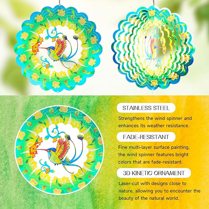 Hummingbird Wind Spinners Garden Yard Decor Gift for Women Men, 12 Inch Outdoor Metal 3D Wind Spinner, Stainless Steel Green Hanging Wind Catchers Kinetic Sculpture for Outside Decoration
