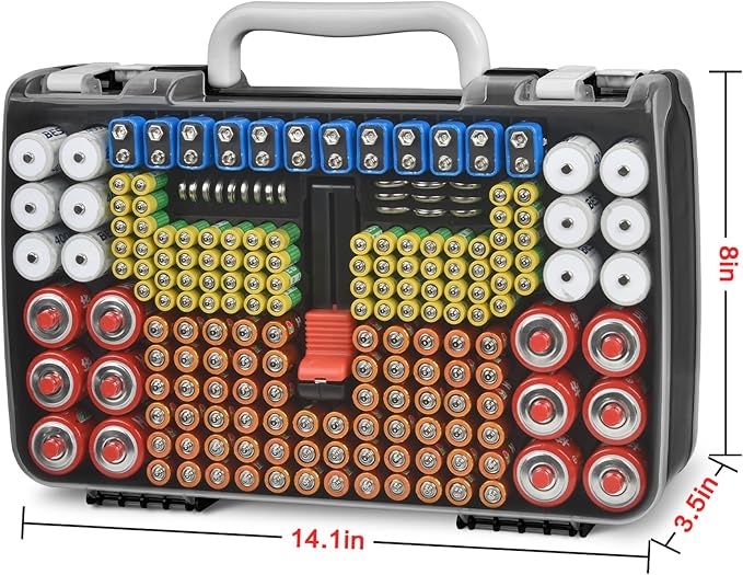 Battery Organizer Storage Holder Case with Double-Sided, Garage Box with Tester Checker. Batteries Container for 269pcs AA AAA AAAA 3A 4A 9V C D Lithium 4LR44 CR2 CR123A CR1632 CR2032 18650 - Black