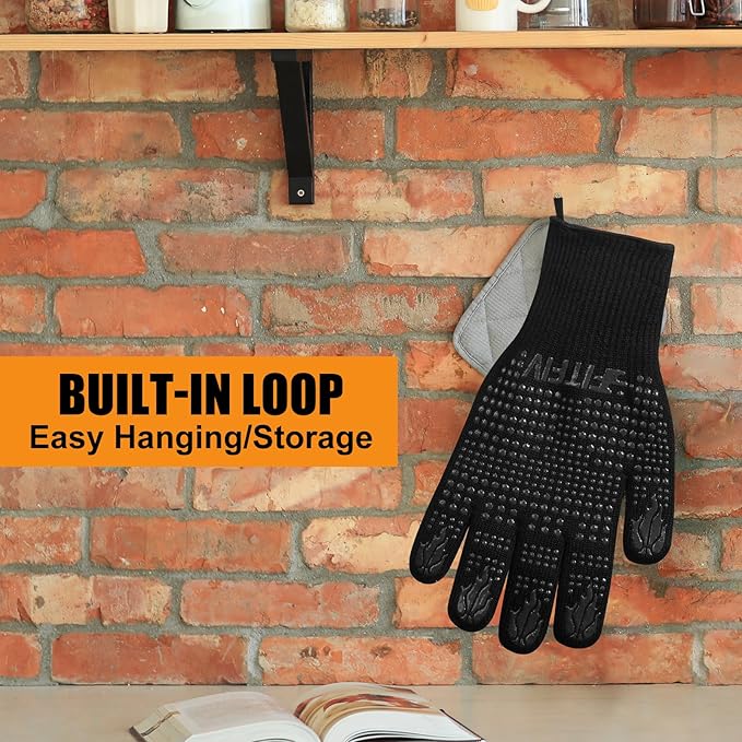 BBQ Gloves, Oven Gloves, 1472°F Extreme Heat Resistant Barbecue Gloves, Silicone Non-Slip Oven Mitts, Kitchen Gloves for Cooking, Grilling, and Baking (Black)