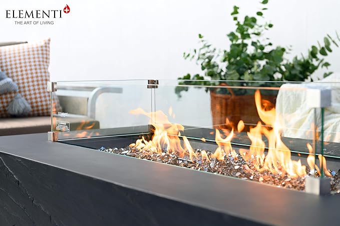 Elementi+ | Bundle Cape Town Gas Fire Pit Cast Concrete 56" Rectangular Fire Table, Outdoor Fire Pit Electronic Ignition | Canvas Cover, Fire Glass and Burner Lid Included | Dark Gray | Propane Gas