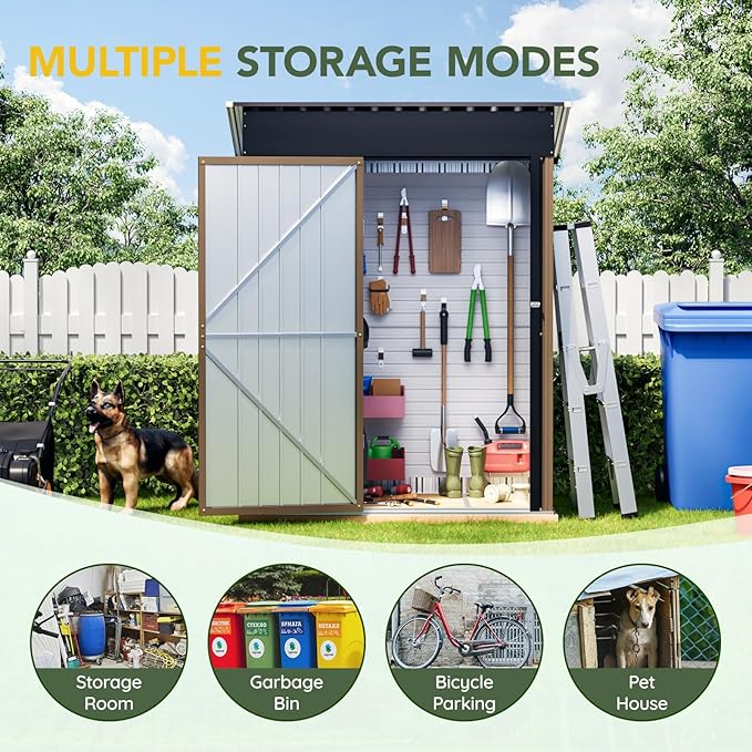 Breezz 5x3FT Vertical Outdoor Steel Storage Shed with Floor Frame, Lockable Doors, Compact Metal Tool Shed for Garden, Backyard, Patio, Utility, and Bike Storage,Brown