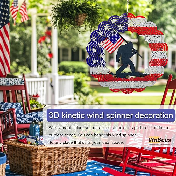3D Patriotic Bigfoot Wind Spinner Decor - 12 Inch Metal Garden Art, Rust-Proof Outdoor Hanging Decorations, Patriotic American Flag Design, for Outdoor Lovers (Bigfoot)